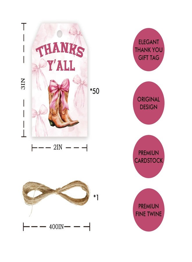 FORSHEEP 50pcs Pink Bow Cowgirl Thank You Tags, Western Cowgirl Gift Tag with String for Girl Birthday, Coquette Boots Thank You Paper Tags for Western Themed Party Favors - Image 2
